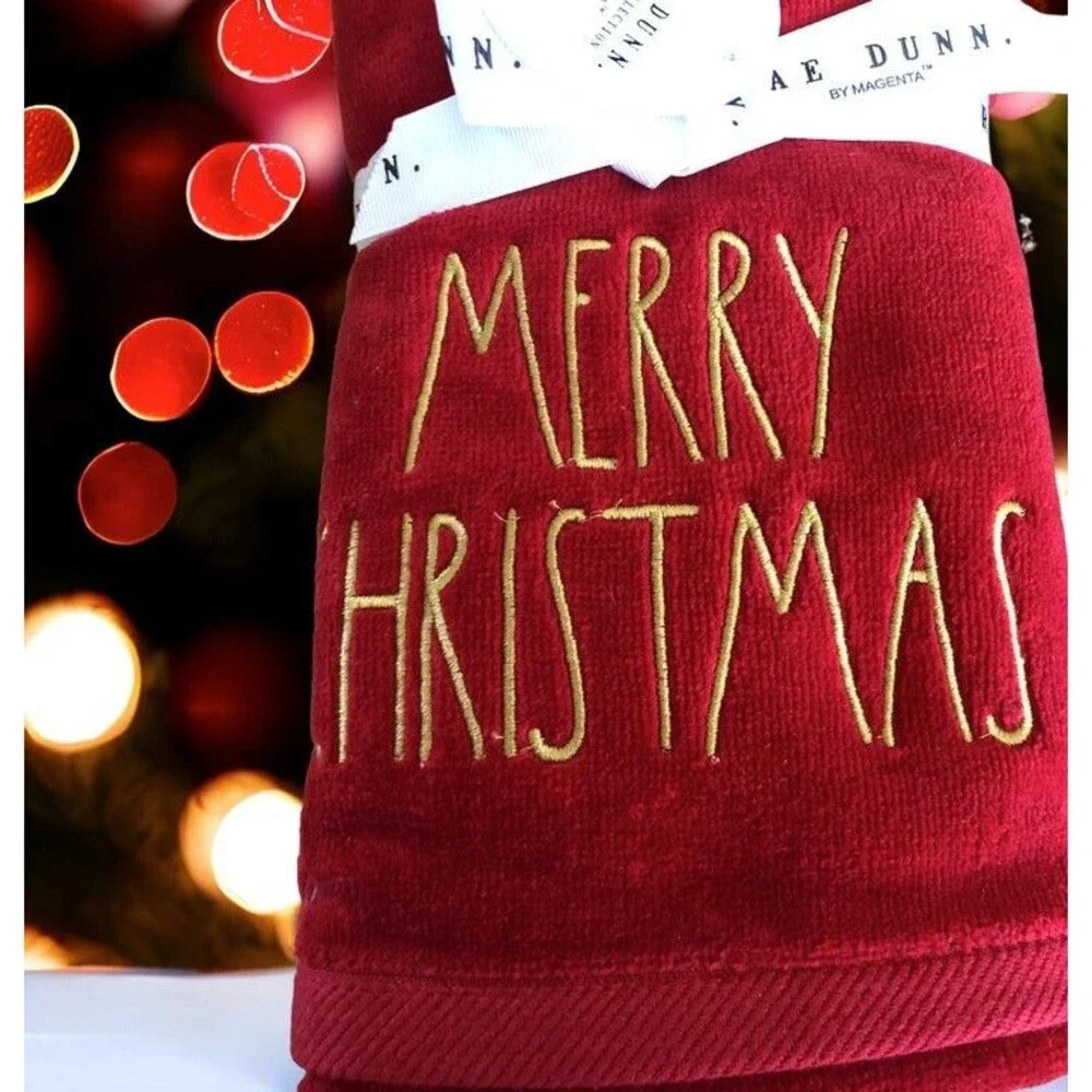 Rae Dunn Merry Christmas Hand Towels Red Gold Guest Bath Embroidered Set of 2